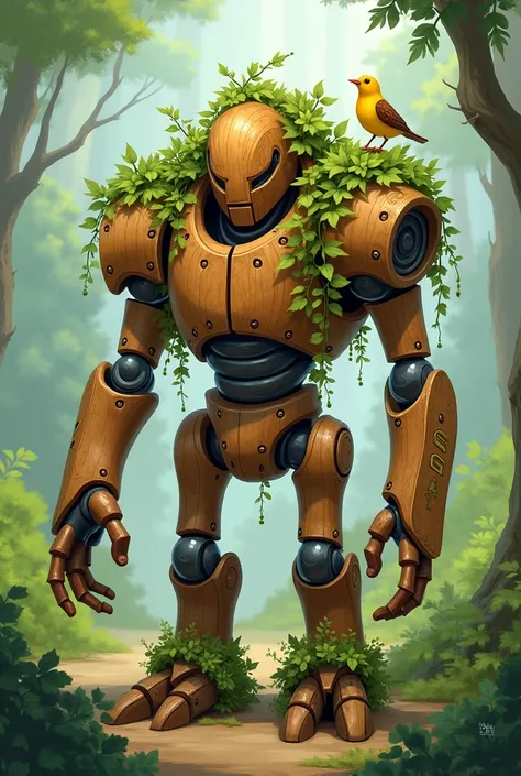 Warforged druid robust wooden mech robot with flora on his shoulders and a yellow bird resting in his hand, he is gentle and conected to nature no and resembles pinochio in a way with no hair in the style of 2d disney