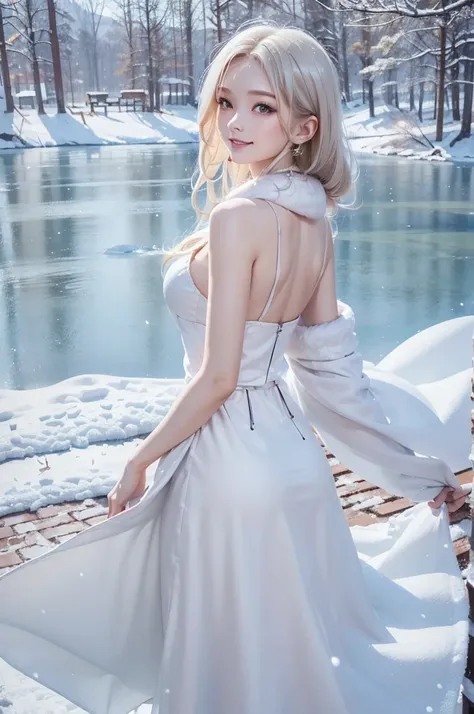 (the upper body:1.5).masterpiece、Highest quality、1 girl, winter, platinum blonde hair, Cute girl, smile, close mouse, medium breasts, sideboob:1.2, white dress, winter clothes, long skirt, Fur coat、Small waist、Thin legs、outdoors, front of the lake, snow fa...