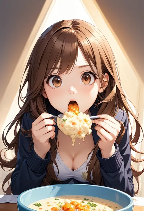 detailed illustration, dynamic angle, ultra-detailed, illustration, 1girl, 18 year old, school girl, wavy brown hair, long hair, bright brown eyes, cleavage, medium breasts, eating chowder