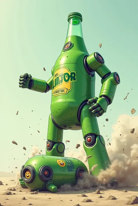 I want a picture of a green soda bottle named L9AR3A knocking out a robot named PHINEX with the name L9AR3A shown on the bottle and the PHINEX&#39;s emoji shown on the robot. I want the robot to be the loser in the picture. I want the robot PHINEX to be ly...