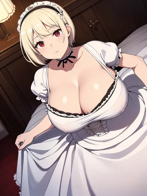 masterpiece,Highest quality,Light blonde short hair。Short Hair。Red Eyes。Droopy eyes。Baby Face。boyish。glamorous。Plump。Big Tits。Very large breasts。Big Tits。Big Boobs。tits。White Lolita。White Gothic Lolita。Frills。Princess Dress。Embarrassed。Bedroom。クソデカtits。cle...