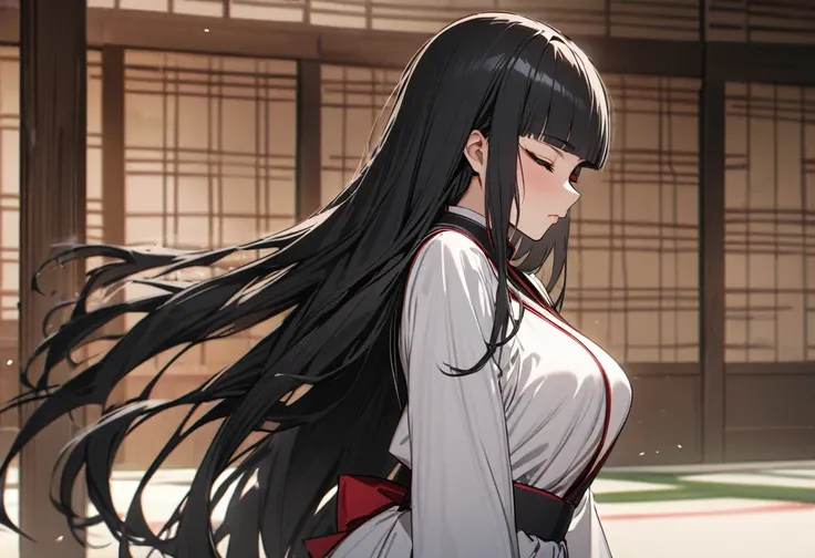 ((profile, standing Kyudo style)), (left hand holding a japanese long bow:1.2), (Push forward left hand holding on japanese long bow), (solo:2, 15 yo) (detailed beautifu blunt bangs:1.3) (beautiful sexy black hair very long hair) (beautiful shrine maiden g...