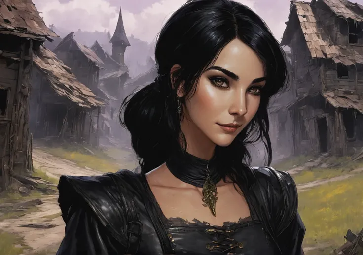 a one woman, caucasiano, Almond-colored eyes, arched eyebrow, oval face, smiling, Bblack hair, Witch of the Black Mist, profile view, black detailed leather clothing, dark energy around, background of an abandoned and destroyed village