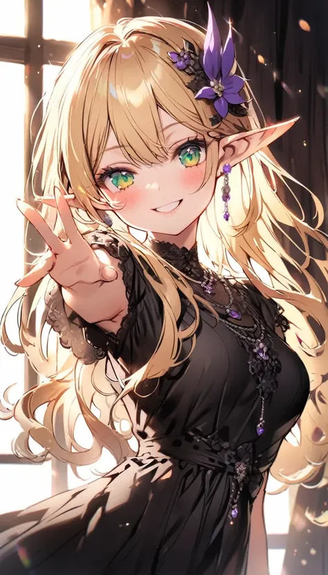 (elf girl:1.3), (green eyes:1.2), (blonde hair:1.2), (hand raised:1.1), (smiling:1.0), (blush:1.0), (black dress:1.2), (jewelry:1.0), (long hair:1.2), (pointed ears:1.2), (purple hair accessory:1.1), (detailed clothing:1.0), (morning light:1.0), (natural l...