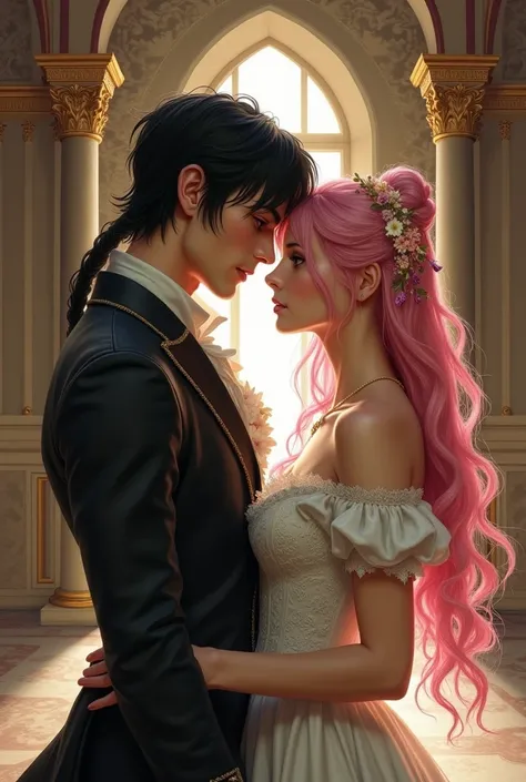 handsome man with messy neck length black hair and dark eyes with beautiful woman with long pink hair and hazle eyes, medieval royal wedding