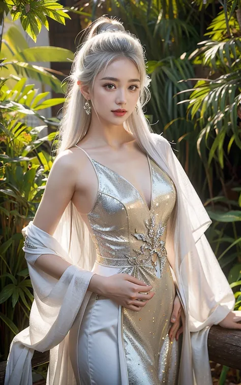 Reality, high resolution, Clear details，1 female, Solitary, Hips up, View Viewer, (Delicate face，Sexy lips), Smiling at the camera，Willow Waist, White hair, Long hair, Kung Fu Clothes, Exquisite fairy costume, Jewelry complex and emotional background，Backg...