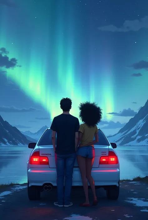 Couple leaning against a white 1995 Honda Civic coupe, envisioning a beautiful landscape. The husband is white, has 1.73 tall and weighs 63kg. He has straight, dark brown hair., light brown eyes and black loose shirt. The woman is black, has 1.59 tall and ...