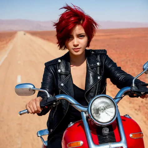 1 girl with short hair on a red motorcycle crossing the desert