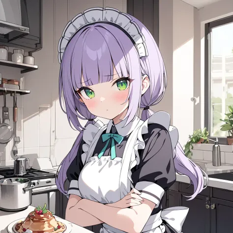 a girl, maid, puzzled, arms crossed, standing, looking at viewer, pale purple hair,low twintails, blunt bangs, green eyes, slim, maid, apron, in the kitchen, kawaii, cute, upper body, masterpiece, best quality, hyper detailed, exquisite, beautiful