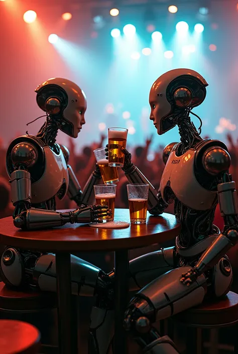 2 robots drinking beer at a rock concert


