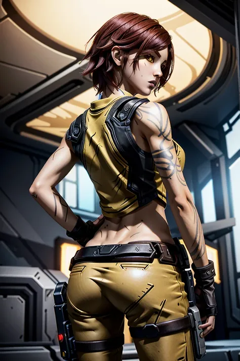 (masterpiece, best quality, cinematic lighting)
LilithBorderlands,  1girl, solo, red hair, yellow eyes, upper body, from behind, looking at viewer
  