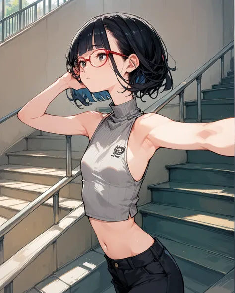 Flat Chest,Focus on your audience,Extremely thin body,Anime Style,Slender figure,delicate,Glasses,Asian woman in grey top and black pants posing on stairs, Sleeveless turtleneck, セクシーなWearing a crop top, Photo of slim girl model, Chiho, T-Top, shikamimi, W...