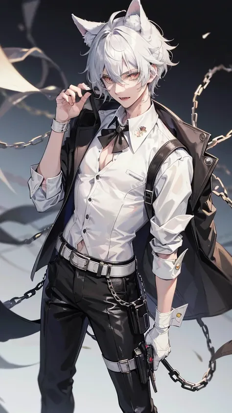 1 boy, anime, futuristic setting, high quality, wolf ears, wolf tail, butler suit, white button-up, spiked collar, chains, holster belts, sleeves rolled up, some undone buttons, scars, bandages, messy hair, fangs, moles