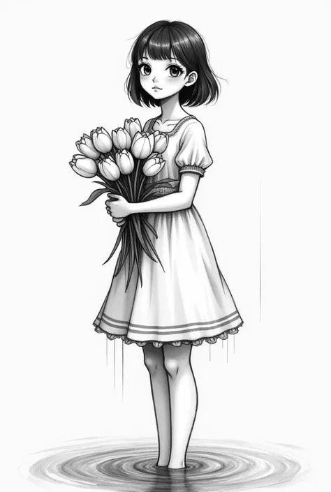 portrait of a beautiful woman,  summer dress,  defined black lines, 1 girl, standing alone, water,  hugging tulips, simple background, white background, monochrome, arte linear, ((outline)),((high qualiy, work of art:1.4)), 1 girl, ((trunk)), portrait outl...