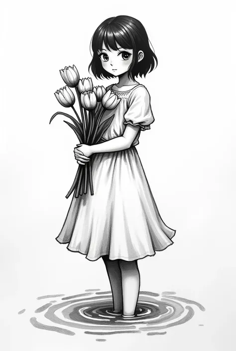 portrait of a beautiful woman,  summer dress,  defined black lines, 1 girl, standing alone, water,  hugging tulips, simple background, white background, monochrome, arte linear, ((outline)),((high qualiy, work of art:1.4)), 1 girl, ((trunk)), portrait outl...