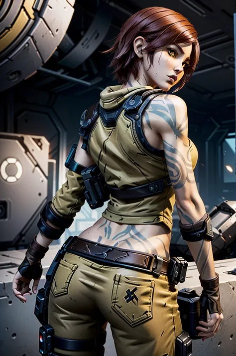 (masterpiece, best quality, cinematic lighting)
lilithborderlands,  1girl, solo, red hair, yellow eyes, upper body, from behind,...