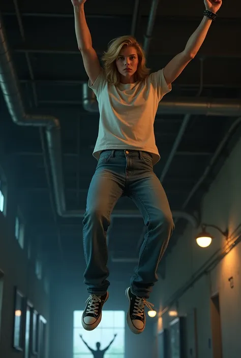 Blond teenage male hanging from ceiling wearing jeans and converse shoes 