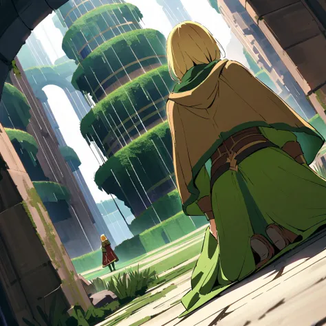 {{cowgirl shot, dutch angle, female focus}} {{Artist: Sincos}} 

girl, long green mage robe, blonde, kneeling on the floor, far away, backshot, boy, blonde heavy armor backshot, adventurer, unique, Hanging Gardens of Babylon, fantasy, mystery, 