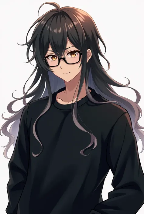 a man with long hair, Wear glasses, and black sweatshirt, that has pectorals, anime version