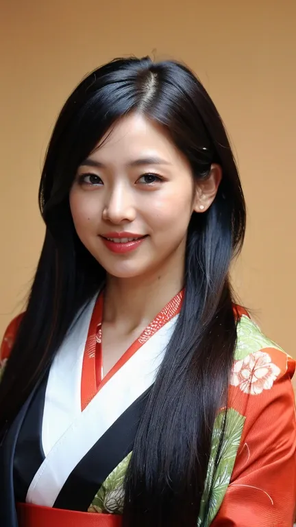 ((Highest quality、8k、masterpiece:1.3))、Photorealistic, Sharp focus, high resolution, High resolution,Portraiture, One person、Japanese、woman, beautiful woman, (((Japanese Kimono)))、30 years old, Plump, Medium Long Hair,smile