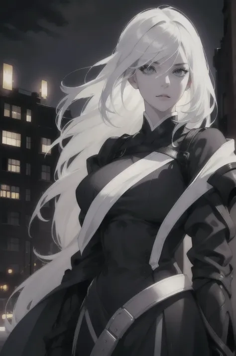 a beautiful white-haired girl with grey eyes and dark circles under her eyes, wearing a black heroine costume, background of a city at night, detailed facial features, detailed costume, detailed cityscape, dramatic lighting, cinematic, 8k, highly detailed,...