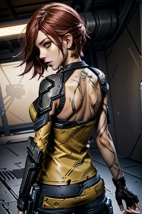 (masterpiece, best quality, cinematic lighting)
LilithBorderlands,  1girl, solo, red hair, yellow eyes, upper body, from behind, looking at viewer
  