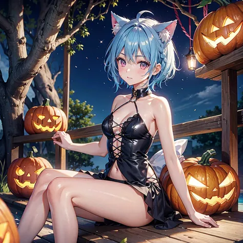 (Sky blue hair),(Braided short hair), (Pink Eyes),Fair skin) ,(whole body),(One Girl),(There are lots of pumpkin ghosts in the background),Cat ear,Cat&#39;s Tail,(Sailor suit),(Bruises and ugly faces),(Fall into Darkness),If you dont give me sweets, Ill pl...