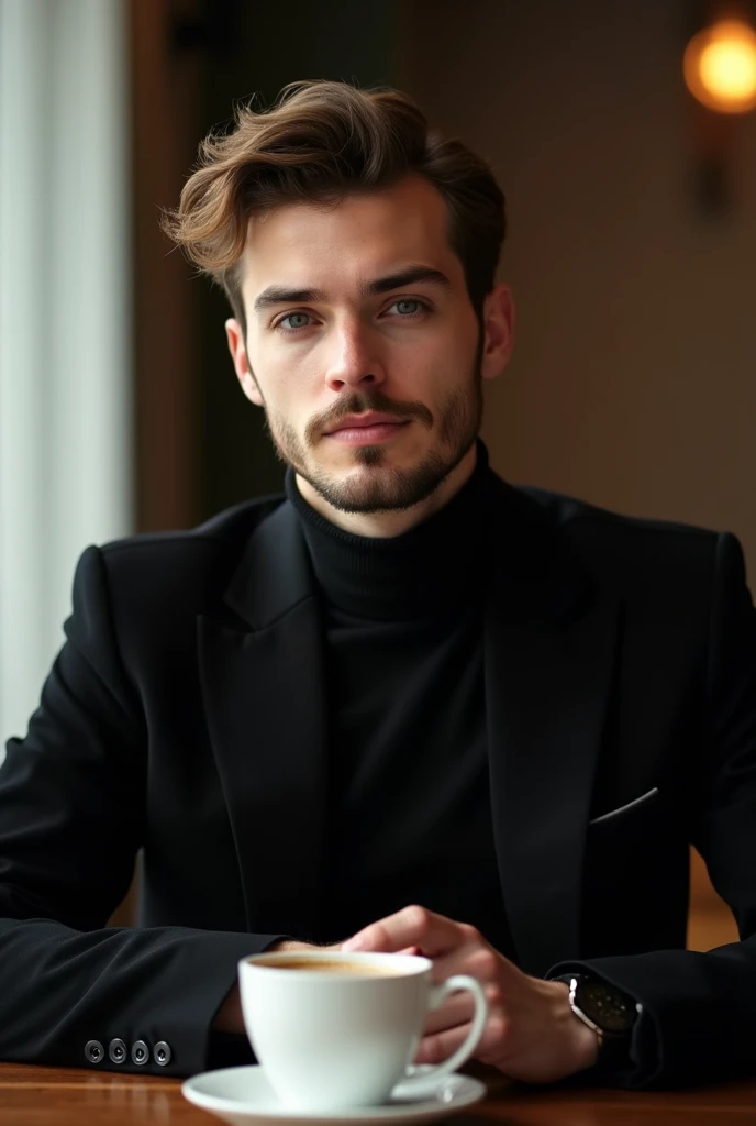 A young man with an exclusive black suit, sit, coffee on the table, bokeh, 8k, high photography, real skin texture, mk