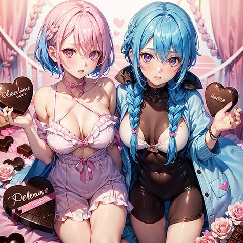 (Sky blue hair),(Braided short hair), (Pink Eyes),Fair skin) ,(whole body),(One Girl),(Lots of chocolate in the background),(Embarrassed),(Handing over a heart-shaped chocolate),(valentine&#39;s day),(masterpiece, Highest quality, Very detailed, Best Shado...