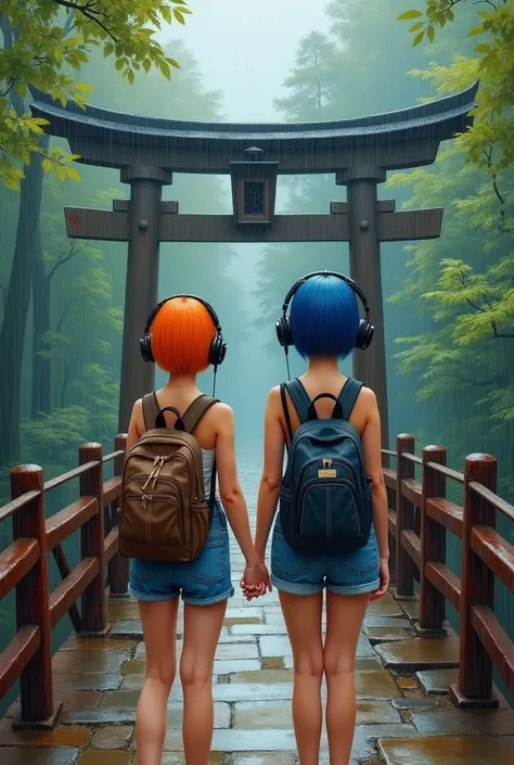 Masterpiece of oilcolor painting, view of two teen girl from back. First taller girl have orange short hairstyles. And second girl stand beside have blue short hairstyles. Both of her wear big headphones, tanktop and short jeans, carry backpack. Standing w...