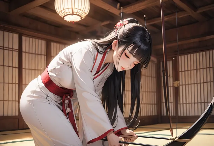 ((profile, standing Kyudo style)), (left hand holding a japanese long bow:1.2), (Push forward left hand holding on japanese long bow), (solo:2, 15 yo) (detailed beautifu blunt bangs:1.3) (beautiful sexy black hair very long hair) (beautiful shrine maiden g...