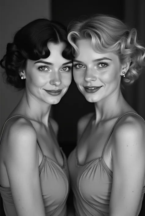 monochrome, black-and-white, Front view, looking at viewer, 1939 years, Gone with the memories, Beautiful  American White girl sisters born in Japan, 23 and 22 years old, Hollywood movie actress, (Olivia is dark brown hair chignon smile),(normal body, 1930...