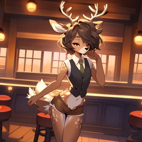 Best quality, super detailed illustration, warm colors, Ideal lighting, better detail, (fluffy deer boy:1.4) , feminine face and body, disheveled thick hair, Bartenders clothes, short shorts, shirt, vest, black butterfly, Sleepy view, bags under the eyes, ...