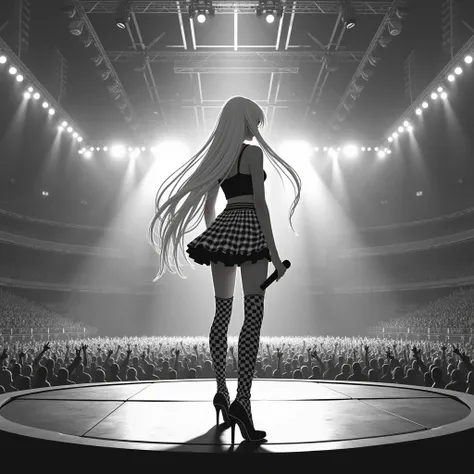 A girl with long white hair,standing wearing a black and white checkered crop top ,a black and white checkered shot,a black and white thigh high heel boot,I want her with a microphone in her hand singing at a show with lots of people,um palco enorme do sup...