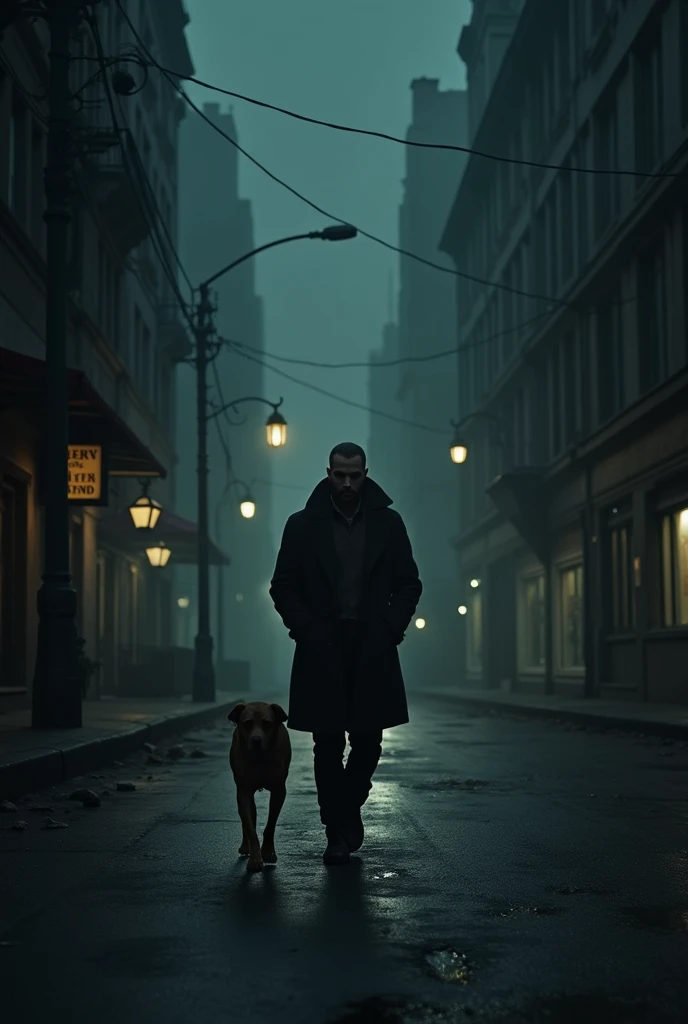 Lonely man walking on a dark street at night with his dog



