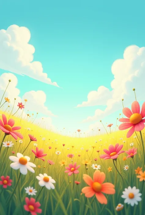 image of a sunny day landscape, just the landscape with flowers, flowery field, nobody, no animals,  Vibrant, artwork style, animated cartoon, artistic, soft color palette, flowers of various types blown by the wind, sheen, magic photography, soft soft lig...