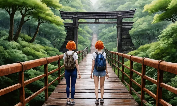 Masterpiece of watercolor painting, view of two 18yrs girl from back. First taller girl have orange short hairstyles. And second girl stand beside have blue short hairstyles. Both of her wear big headphones, tanktop and short jeans, carry backpack. Standin...