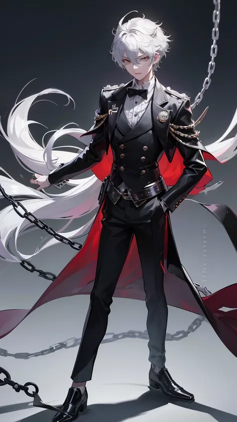 1 boy, anime, futuristic setting, high quality, wolf ears, wolf tail, butler suit, white button-up, spiked collar, chains, holster belts, sleeves rolled up, some undone buttons, scars, bandages, messy hair, fangs, moles