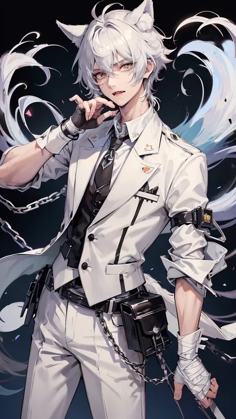 1 boy, anime, futuristic setting, high quality, wolf ears, wolf tail, butler suit, white button-up, spiked collar, chains, holster belts, sleeves rolled up, some undone buttons, scars, bandages, messy hair, fangs, moles