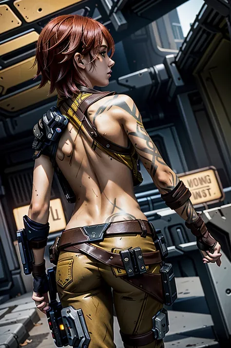 (masterpiece, best quality, cinematic lighting)
lilithborderlands,  1girl, solo, red hair, yellow eyes, upper body, from behind,...