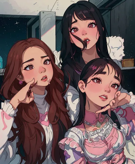 (best quality:0.8) perfect anime illustration, three girls posing for a picture with their hands on their lips, blackpink, ulzzang, lalisa manobal, uwu, bae suzy, 😭 🤮 💕 🎀, # oc, #oc, popular south korean makeup, album art, twice, 🤬 🤮 💕 🎀, jossi of blackpin...