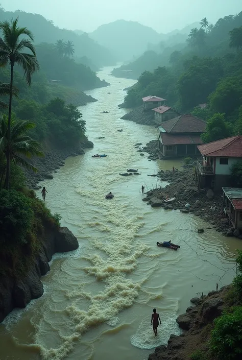 water high flow, village are flood, peoples died, bodys in the water, animals died, buildings fall, house broken Mullaperiyar dam burst