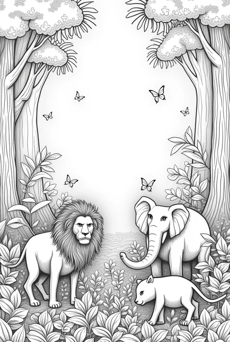 line art
Beautiful forest with monkey, lion, elephant, birds, butterflies
