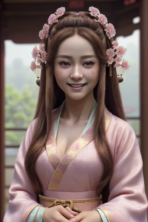 ((Ultra-realistic detail.) (Masterpiece, Top Quality, Best Quality, Official Art, Beauty and Aesthetics: 1.2), Very Detailed, upper body, 1girl at center screen with beautifulface, long and flowing brown hair, wearing pink hanfu, ancient chinese clothes, s...