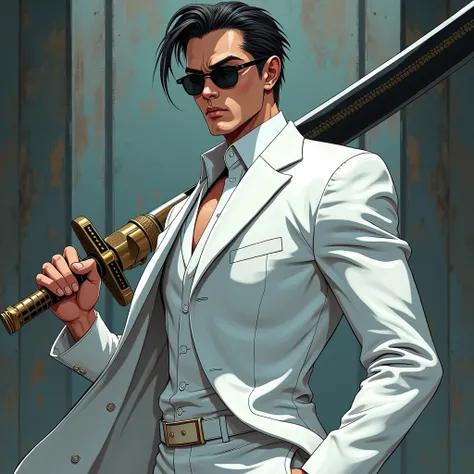 anime man in white suit holding a sword and wearing sunglasses, swordsman, badass anime 8 k, handsome guy in demon slayer art, ross tran style, beaten tech. neo noir style, 4 k manga wallpaper, shinkiro toshiaki mori, with large sword, mobile wallpaper, ma...