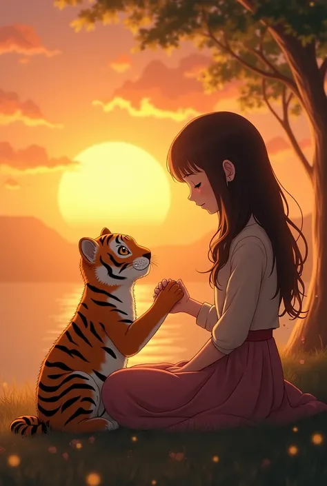 Prompt: "Miira and the tiger cub sitting together, symbolizing loyalty and love. The scene captures the essence of their deep bond, with a beautiful sunset in the background."