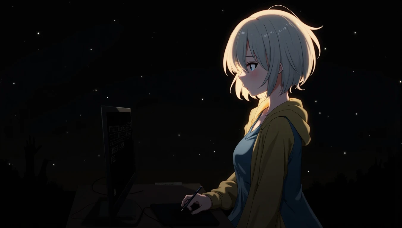 Girl listening to music in a cozy room at night, Using headphones, 2D style anime, Lo-fi, hard disk, Dark environment