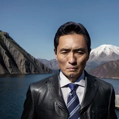 inogashira_goro, walking, black leather jacket, suits, city, mountain, blue sky,