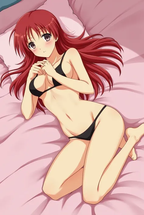 Shikinami Asuka Langley, (Futanari, Girl with a big penis, )bikini,mini skirt,  Erect nipples, Small breasts, whole body, bed, Lying down, 