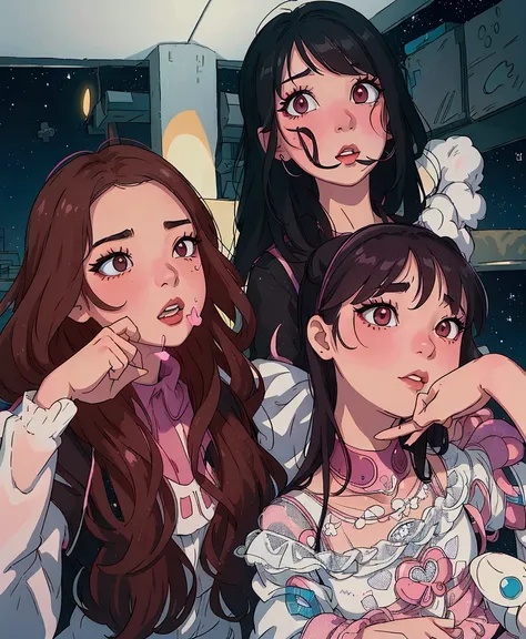 (best quality:0.8) perfect anime illustration, three girls posing for a picture with their hands on their lips, blackpink, ulzzang, lalisa manobal, uwu, bae suzy, 😭 🤮 💕 🎀, # oc, #oc, popular south korean makeup, album art, twice, 🤬 🤮 💕 🎀, jossi of blackpin...